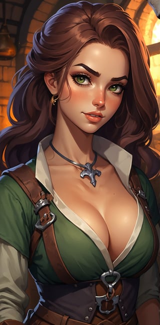 Um retrato de 1 mulher de cabelos castanhos, She's a sexy blacksmith in a forge with cleavage and boobs, usando trajes medievais em um RPG de arte medieval, uma arte de detalhes brutos; ((cabelos muito longos)) ((pelos marrons)) ((cabelos castanhos)) ((olhos verdes))