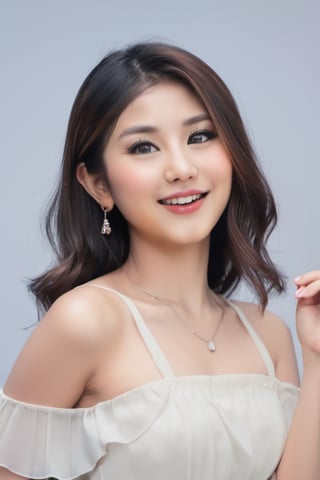 beautiful asian girl, realistic face, blowing kiss gesture, walking on stage towards viewer, looking_at_viewer, natural smile, white teeth, pale skin,gh3a