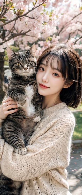Cats,cute,Under the cherry blossom tree,a girl wearer sweater,hug cat