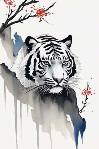 chinese ink drawing, mountain tiger, flower, white background, simple background, branch, brush strokes, ink lines.