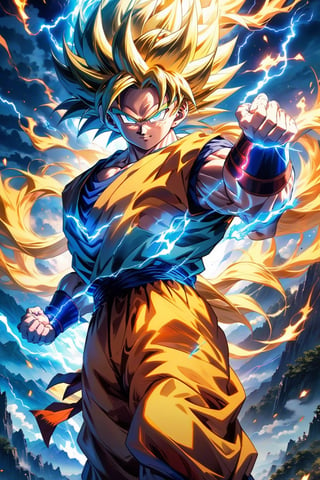 anime super Saiyan Goku, detailed anime face with blue eyes, long golden hair, and smiling, unleashes a massive energy wave while standing on top of a mountain, the surroundings are filled with lush greenery, and the sky is a mix of blue hues. (Orange smoke light energy with blue lightning emanates from his entire body). The energy wave is golden and yellow with electric sparks around it. (anime:1.2), (dramatic lighting:1.1), (vibrant colors:1.3), (cell-shaded:1.1), (dynamic composition:1.2) 
,neon photography style