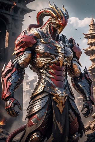ultra hyper detailed, hyper Realistic Medieval  cyborg animal､high-tech cyborg male snake､Medieval style red and black plate Armor, very muscular build
DESTROYed Skyscraper