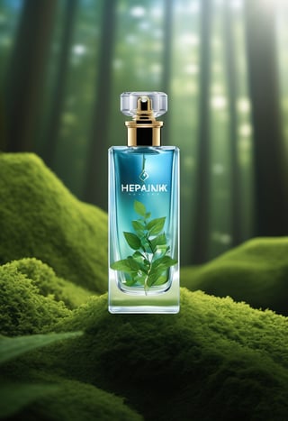 Create an image of a perfume vial that pays blue and green color sky and forest, with a subtle yet unmistakable logo that says Hepalink, reflecting energy and vitality.