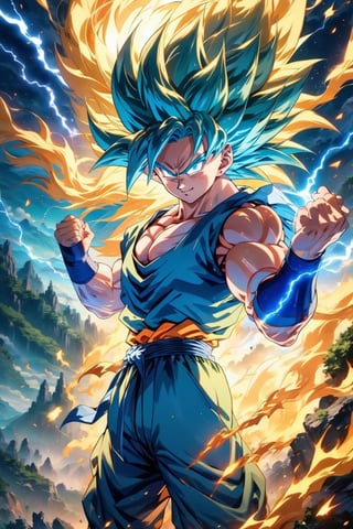 anime super Saiyan Goku, detailed anime face with blue eyes, long golden hair, and smiling, unleashes a massive energy wave while standing on top of a mountain, the surroundings are filled with lush greenery, and the sky is a mix of blue hues. (Orange smoke light energy with blue lightning emanates from his entire body). The energy wave is golden and yellow with electric sparks around it. (anime:1.2), (dramatic lighting:1.1), (vibrant colors:1.3), (cell-shaded:1.1), (dynamic composition:1.2) 
,neon photography style