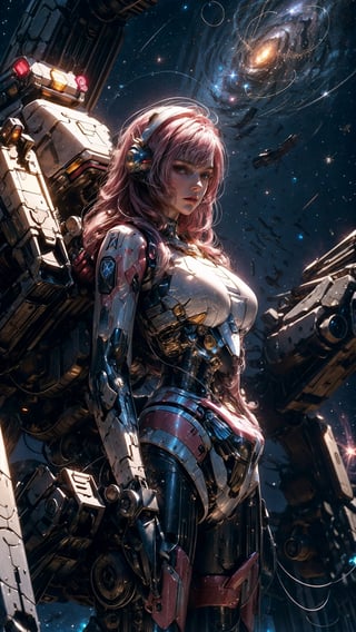 (32k), (masterpiece), (best quality),(extremely intricate), (realistic), (sharp focus), (award winning), (cinematic lighting), (extremely detailed), 

A female titan with long, flowing pink hair stands tall in the cockpit of her towering black mech suit, her face illuminated by the glow of the stars. The mech suit is a marvel of destruction, with sleek lines and powerful weaponry. The woman herself is a skilled warrior, trained in the arts of combat and piloting.

She is standing in front of a vast nebula, its swirling colors creating a breathtaking backdrop. The nebula is home to a variety of alien lifeforms, some of which are hostile to humanity. But the woman is not afraid. She is here to protect her people and to explore the unknown.

She raises her fist in a gesture of defiance, and her mech suit roars to life. She is ready to face whatever challenges the nebula may throw her way.

Details:

The woman is a space mecha pilot / space warrior.
She has long, flowing pink hair.
She is wearing a white bodytight spacesuit.
She is standing in the cockpit of her towering white mech suit.
She is standing in front of a vast nebula.
She raises her fist in a gesture of defiance.,mecha ,mecha