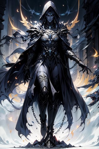 Create a (full shot:1.4) Seraphim ,monster (solo:1.5) He is wearing red cloak including hood, hand armors, leg armors, necklaces, chains, giant,drow