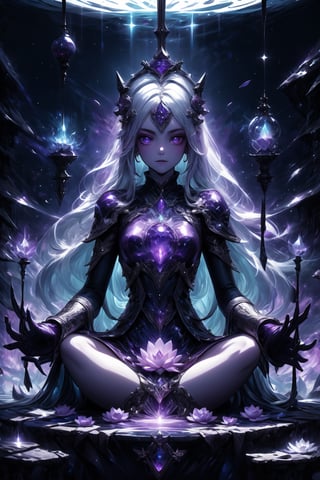 illustration, infinite landscape, frigid illumination, ingeniously designed, fascinating elegance, peerless craftsmanship, deep penumbra, subdued luminosity, Installation Art, solo,Purple hair Nezha sorceress, lotus root magic weapon, fire spell, Nezha familiar, Chinese,DonMC3l3st14l3xpl0r3rsXL