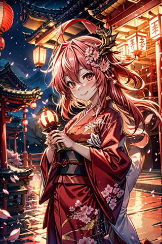 astolfo_(fate), ,dragonyear, smiling, mouth closed, night, cherry_blossoms, japanese temple, 