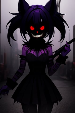 sole_female, dark purple hair, purple skin, hedgehog ears,  gothic dress, ai, dark purple skin color, black pantyhose, gothic, eyeliner, black eyes, ai, purple skin, Exe
teeth
horror (theme)
red eyes
smile
sharp teeth
glowing
dark
blood
tongue
grin
glowing eyes
evil smile
