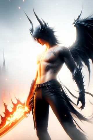 Graphics Unreal Engine 5, 3D Modeling, realistic,minimalism style,ghostly beauty,  have hot body and big hip, detailed his body, black_eyes, orange_iris, Apocalypse,niji style, ,DonMF1r3XL, male, anime like hair, demon horns, open leather jacket, red glowing tattoos, black aura, shullet, demon wings on fire, dark background, right demon arm with spikes, battle_stance, mullet_hair, crying with black ink, dragon body, 