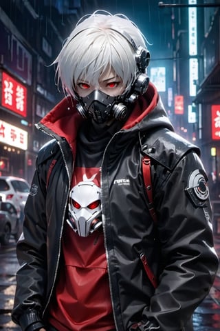 solo, red eyes, 1boy, jacket, upper body, white hair, male focus, hood, hoodie, mask, hooded jacket, zipper, cyborg, gas mask, ken kaneki ,3d style, Extremely Realistic ,aw0k euphoric style, cybernetic, city, night, rain, 3d, 16k