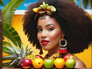 very closeup, Describe ((a voluptuous afro latina woman in a front and next to the fruits)), in vivid detail a high-resolution image of a tropical fruit still life arrangement set on an open balcony with a breathtaking view of Cartagena de Indias' bay in Colombia. Additionally, include the presence of an Afro-Latina girl who is part of the scene, seamlessly integrated into the lush colors, textures, and overall ambiance. Ensure the description is rich in sensory details and provides an immersive experience for the reader while highlighting the harmonious inclusion of the girl in the setting. Bay background, sharp focus, colorful, high contrast, detailed fruits, fresh green leaves, soft natural lighting, delicate and intricate branches, vibrant and saturated colors, high resolution, realistic, fine textures, exquisite details, realistic 3D rendering, artistic composition, bokeh effect, masterfully captured, visually captivating, visually stunning
,High detailed ,Color magic,tropical_tiki_retreat,ColorART,Monster,pturbo,vector art illustration,isni