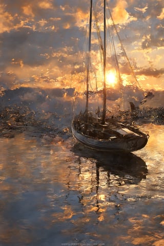 (((masterpiece))), (((best quality))), ((ultra-detailed)),  sailboat in lake, beautifull sunset  back ground, sun mirror on lake, cinematic light 