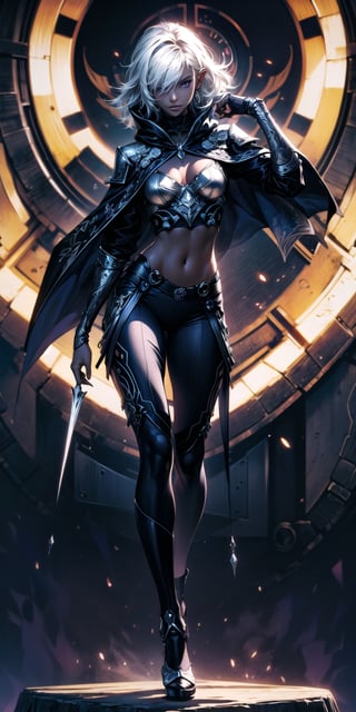 Beautiful girl, solo, dark elf, dark skin, white hair, purple eyes with a slight glow, long loose hair, straight bangs covers one eye, smirk, light armor, cloak, elaborate details, complex patterns, dinamic angle, action pose, volumetric lighting, multiple light sources, intricate detailed background, masterpiece, best quality, ultra detailed, (detailed background), perfect shading, high contrast, best illumination, extremely detailed, ray tracing, realistic lighting effects, neon noir illustration, (perfect waist line , perfect figure), full body,