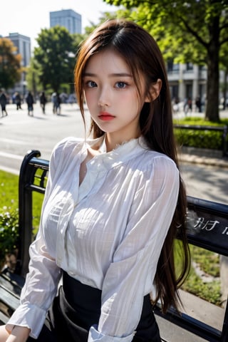 (glamour1.3) photo of a beautiful (teenage) woman with visible collarbone, BREAK wearing edgCT, blouse, chic top, black_skirt, BREAK hourglass body shape, Aesthetic, upper_body from hips, (sitting on a park_bench, city settings), dramatic lighting, cinematic shot, 50mm lens, rule_of_thirds, Fujicolor_Pro_Film,asian girl