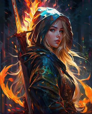 masterpiece, Rogue assassin girl, wearing a hood, blonde hair, shrouded in shadows, holding a flaming dagger in each hand, vibrant glowing abyssal colors, entirely in frame, FULL BODY, radiating electrical energy, shoulder length messy hair, Full body, Beautiful anime waifu style girl, hyperdetailed painting, luminism, art by Carne Griffiths and Wadim Kashin concept art, 8k resolution, fractal isometrics details bioluminescence , 3d render, octane render, intricately detailed , cinematic, trending on art station Isometric Centered hyper realistic cover photo awesome full color, hand drawn , gritty, realistic, intricate, hit definition , cinematic, Rough sketch, bold lines, on paper, vibrant, epic, ultra high quality model,A teenager girl ,Mechanical part,Potrait of a girl 