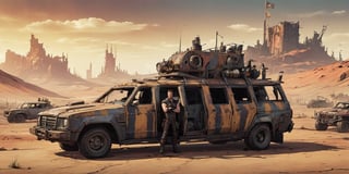 newman standing in front of an armed and armored mad max style van,Comic Book-Style 2d
