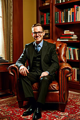 A portrait of Bill Winterbottom: A bespectacled gentleman with a gentle smile sits comfortably on a worn leather armchair. Soft warm lighting illuminates his face, casting a subtle glow on the surrounding bookshelves. The room's rustic charm is complemented by Bill's classic attire and the vintage typewriter on the nearby table, hinting at a life of stories waiting to be told.