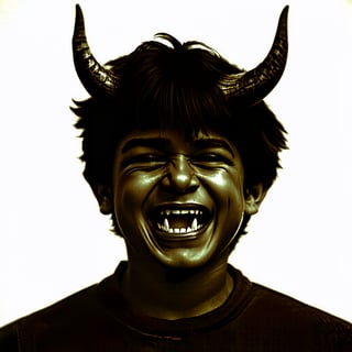 solo, looking at viewer, open mouth, simple background, 1boy, white background, monochrome, male focus, horns, teeth, no humans, fangs, furry, realistic, sepia