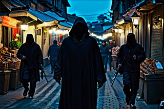 A dark alleyway at dusk, with flickering streetlights casting long shadows. A group of skilled thieves in black attire, armed and silent, move swiftly and precisely through the crowded market stalls. Led by a mysterious figure in a hooded cloak, they work together like a well-oiled machine, their mission to steal valuable artifacts from unsuspecting merchants.