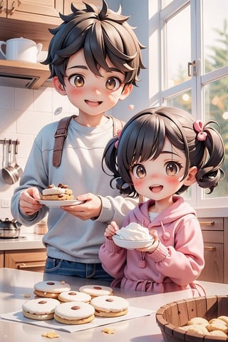 1girl and 1boy,3d,brown eyes,brown hair,korean,Generate an image of two kids baking cookies together in a festively decorated kitchen. Background: A kitchen filled with the smell of freshly baked cookies, colorful icing, and holiday-themed cookie cutters, happiness, smiling,