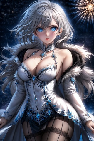 (((extremely detailed CG unity 8k wallpaper, masterpiece, best quality, ultra-detailed, best shadow))),(anime),(anime style) ,(beautiful detailed face, beautiful detailed eyes),((a beautiful girl, (Big breasts:1.5),wearing white coat, laced dress, (skirt) , sheer black stockings,White hair)), (Beautiful blue eyes,soft expression,Depth and Dimension in the Pupils,So beautiful eyes that, Has deep clear eyes,detailed eyelashes,mesmerizing iris colors),(Snow cover,night_sky ,fireworks),(breast focus),(breasts out:1.5), (detailed background), (best illumination, an extremely delicate and beautiful), female_solo,dramatic lighting,dynamic angle,beautiful detailed glow,dynamic action,(full body:1.5), 