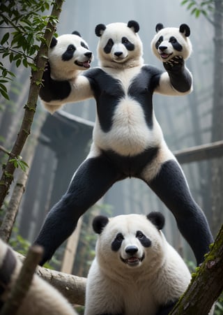 solo, standing, tree, girl humans, furry, (fighting stance), bear, panda,bear costume