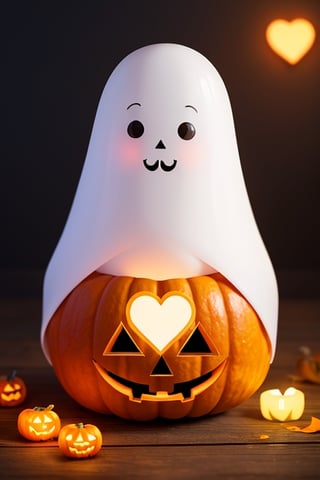 digital art of an adorable ghost, glowing within, holding a heart shaped pumpkin, Halloween, high quality, masterpiece, 8k, super cute, sticker