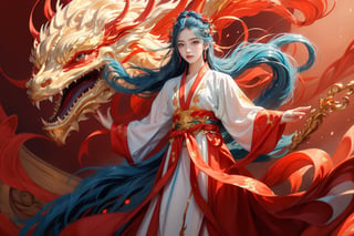 masterpiece, top quality, best quality, official art, beautiful and aesthetic:1.2), (1girl:1.3), 1 girl, blue hair, hanfu fashion, chinese dragon, eastern dragon, golden line, (red theme:1.6), volumetric lighting, ultra-high quality, photorealistic, sky background, hanfu,Realism