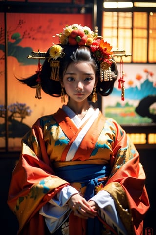 1 girl, most beautiful korean girl, Korean beauty model, idol face, gorgeous girl, 18yo, over sized eyes, big eyes, smiling, looking at viewer, (RAW photo, best quality), (real, photo real: 1.3), detailed face + eyes, casual pose, elegant, stunning Japanese traditional costume oiran, gorgeous hair accessories, phoenix eyes, cool, Disdainful look, fractal art, bright colors, beautiful Japanese supermodel wearing clogs, radiant, perfect custom gorgeous floral embroidery pattern suit, custom design, cowboy shot,  floral print,masterpiece