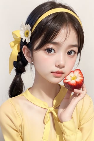 best quality, masterpiece, aesthetic, 1girl, artist name, bangs, black hair, blush, brown hair, cowboy shot, 
dated, flower, food, fruit, holding, leaf, lemon, lemon slice, long sleeves, looking at viewer, neck ribbon, 
plant, ribbon, short hair, signature, simple background, solo, upper body, white background, yellow flower, 
yellow ribbon, yellow shirt, yellow theme, skirt, shirt, twintails, hairband, puffy sleeves, black skirt, white flower, 
short twintails, puffy long sleeves, covered mouth, holding flower, ,Exquisite face,masterpiece