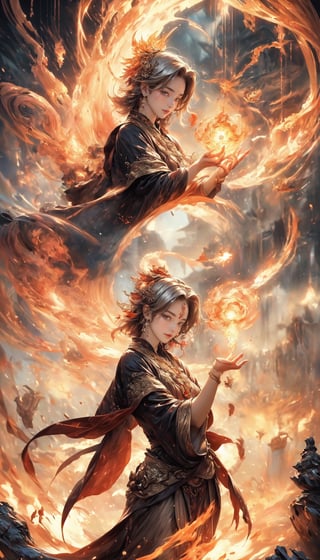 (masterpiece,  top quality,  best quality,  official art,  beautiful and aesthetic:1.2),  (1girl:1.2), fire fairy, cute,  light eyes,   beautiful face, ((Transparent heavenly plumage)),extreme detailed, (abstract:1.4,  fractal art:1.3), (shain gold hair:1.1),  fate \(series\),  colorful, highest detailed, lightning, Swirling lava, flying flames,ability to manipulate fire, (splash_art:1.2),  jewelry:1.4,  silver wear, scenery,  ink  ,pyromancer,Exquisite face,Holy light,Wonder of Art and Beauty