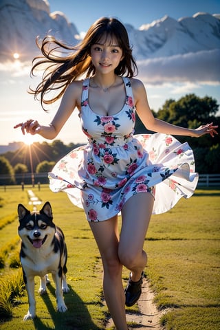 masutepiece, Best Quality, Ultra-detailed, finely detail, hight resolution, 8K Wallpaper, Perfect dynamic composition, Natural Color Lip,(Wearing a floral-patterned dress :1.3),(Longhair:1.3),drawn action: (the girl must be happily running around the field with a Shiba Inu,basking in the evening sun:1.4),I want to convey the happily atmosphere,(The wind blows her long hair:1.4), masutepiece, Best Quality, Ultra-detailed, finely detail, hight resolution, 8K Wallpaper, Perfect dynamic composition, Natural Color Lip,(Wearing a floral-patterned dress :1.3),(Longhair:1.3),drawn action: (the girl must be happily running around the field with a Shiba Inu,basking in the evening sun:1.4),I want to convey the happily atmosphere,(The wind blows her long hair:1.4), 1 girl, most beautiful korean girl, Korean beauty model, stunningly beautiful girl, gorgeous girl, 18yo, over sized eyes, big eyes, smiling, looking at viewer, (smile:1.3), full body shot, colorful_girl_v2,(smile:1.3),full body shot,colorful_girl_v2,masterpiece