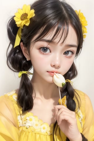 best quality, masterpiece, aesthetic, 1girl, artist name, bangs, black hair, blush, brown hair, cowboy shot, 
dated, flower, food, fruit, holding, leaf, lemon, lemon slice, long sleeves, looking at viewer, neck ribbon, 
plant, ribbon, short hair, signature, simple background, solo, upper body, white background, yellow flower, 
yellow ribbon, yellow shirt, yellow theme, skirt, shirt, twintails, hairband, puffy sleeves, black skirt, white flower, 
short twintails, puffy long sleeves, covered mouth, holding flower, ,Exquisite face