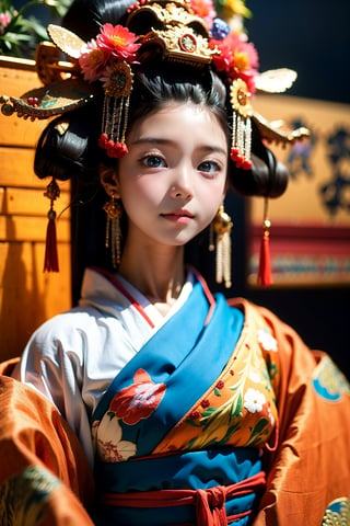 1 girl, most beautiful korean girl, Korean beauty model, idol face, gorgeous girl, 18yo, over sized eyes, big eyes, smiling, looking at viewer, (RAW photo, best quality), (real, photo real: 1.3), detailed face + eyes, casual pose, elegant, stunning Japanese traditional costume oiran, gorgeous hair accessories, phoenix eyes, cool, Disdainful look, fractal art, bright colors, beautiful Japanese supermodel wearing clogs, radiant, perfect custom gorgeous floral embroidery pattern suit, custom design, cowboy shot,  floral print,masterpiece