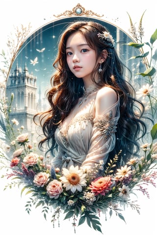 1girl, most beautiful korean girl, Korean beauty model, stunningly beautiful girl, gorgeous girl, 20yo, over sized eyes, big eyes, smiling, looking at viewer, logo, flower cicle, High resolution, 16K, minimal and modern design, happiness, Harmonic Shapes, long blue hair, blue eyes, Circle, masterpiece, hanfuandflower, Transparent Glass Flowers