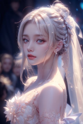 (((masterpiece))),  (((best quality))),  ((ultra-detailed)),  (illustration),((an extremely delicate and beautiful)),(detailed light),((wedding dress)),mature female,white hair,long_hair,red_eyes,(bloom),jingliu \(honkai: star rail\),pony_tail,looking at viewer,Realism,Detailedface