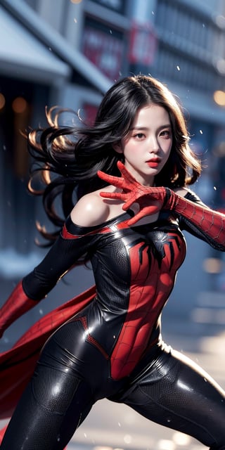 all body shot, best quality, high resolution, 8k, realistic, sharp focus, photorealistic image of a graceful black haired lady, shiny skin, snow theme,  blurry light background, EpicSky, 1 girl, beautiful and delicate Face,20year old korean girl, dark persona,frown, thin and cute pink upper and  lower lips, wearing Spiderman's costume is dark gray and white full body,fighting stance,1 girl,realhands