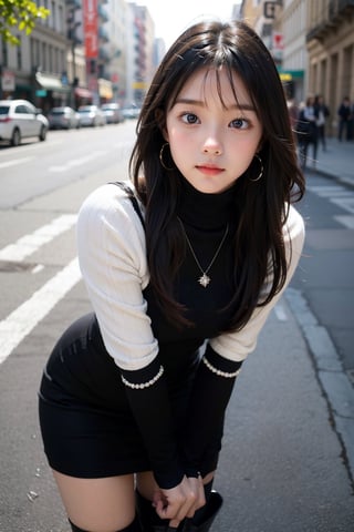 background is New York,street, 18 yo, 1 girl, beautiful korean girl, big eyes, wearing tight black dress(turtle neck,simple,long sleeves),black long boots, smile, solo, {beautiful and detailed eyes}, dark eyes, big breasts, calm expression, delicate facial features, ((model pose)), Glamor body type, (dark hair:1.2), simple tiny earrings, simple tiny necklace,very_long_hair, hair past hip, bangs, curly hair, flim grain, realhands, masterpiece, Best Quality, 16k, photorealistic, ultra-detailed, finely detailed, high resolution, perfect dynamic composition, beautiful detailed eyes, eye smile, ((nervous and embarrassed)), sharp-focus, full_body, cowboy_shot,