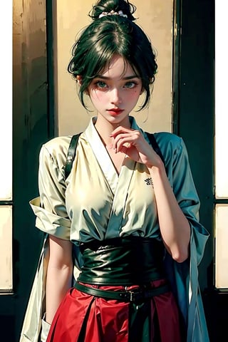 (masterpiece,  top quality,  best quality,  official art,  beautiful and aesthetic:1.2),  (1girl:1.3),  heterochromia, green hair, ponytail, brown eyes, facial mark, red fox mask, half mask, medium breasts, white kimono, red skirt, kiriko, night city, beautiful Korean 18yo girl, idol face, {beautiful and detailed eyes}, {normal limbs and fingers}, ((accurate hands without incongruity)), Golden ratio, perfect body ratio, The face of a young actress in korea, high details, High quality, beauty face, perfect face, beautiful accurate face (eyes, nose and mouth), medium_breasts, Detailed face, Detailed eyes, perfect foot, perfect hand, perfect fingers, Clean facial skin, slim and perfect body, Glamor body type, hips up, film grain, realhands, looking at viewer