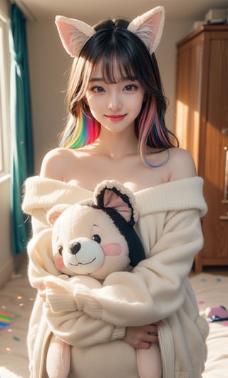 (best quality, masterpiece), most beautiful korean girl, Korean beauty model, stunningly beautiful girl, gorgeous girl, over sized eyes, big eyes, smiling, looking at viewer, off shoulder, (multicolored hair:1.3), clutter girl's lovely room, hugging stuffed animal, fluffy hoodie with animal ears