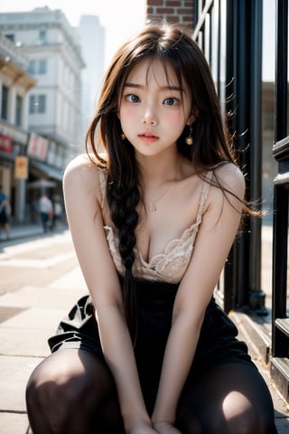 background is ancient chinese war,burning buildings, smoke,dark sky 18 yo, 1 girl, big eyes, over sized eyes, beautiful korean girl, sitting on floor,wearing beautiful hafu, solo, {beautiful and detailed eyes}, dark eyes, calm expression, delicate facial features, ((model pose)), Glamor body type, (dark hair:1.2),braided hair, simple tiny necklace,simple tiny earrings, flim grain, realhands, masterpiece, Best Quality, 16k, photorealistic, ultra-detailed, finely detailed, high resolution, perfect dynamic composition, beautiful detailed eyes, eye smile, ((nervous and embarrassed)), sharp-focus, full_body, cowboy_shot