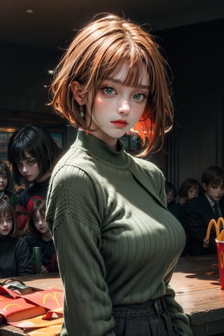 nose blush,mcdonalds_mom, short hair, large breasts, blunt bangs, bob cut, bright pupils, green eyes,orange_hair,Low angle shot,from below, the most beautiful image I have ever seen, Shader, volume rendering,niji,Realism