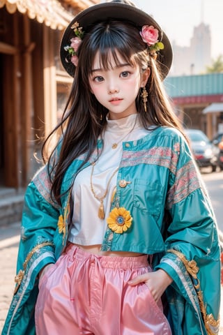 high quality, cute stickers, style cartoon, white border, cute Super Deformed Character, colorful, Detailed illustration of a woman with her hands in her pockets in a bohemian style outfit, by yukisakura, awesome full color, Realism, 1girl, most beautiful korean girl, Korean beauty model, extremely detailed beautiful girl, stunningly beautiful girl, gorgeous girl, 18yo, over sized eyes, big eyes, smiling, looking at viewer, more detail