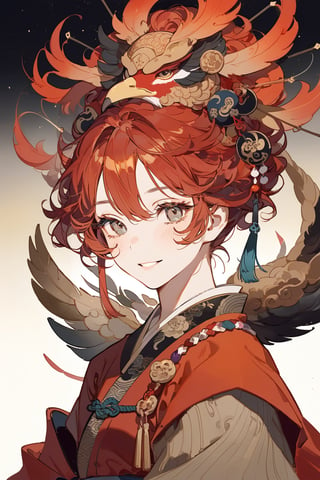 masterpiece, best quality, aethetic,warrior,Chinese Zodiac,Chinese style,a outgoing girl,Torso shot,feather hair ornament,colored feathers,phoenix,red hair, 1 girl, most beautiful korean girl, stunningly beautiful girl, gorgeous girl, 20yo, over sized eyes, big eyes, smiling,