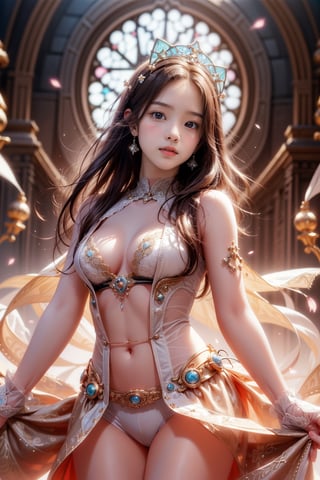 1girl, solo, (masterpiece), (absurdres:1.3), (ultra detailed), HDR, UHD, 16K, ray tracing, vibrant eyes, perfect face, award winning photo, beautiful, shiny skin, (highly detailed), clear face, teenage cute delicate girl, (shy blush:1.1), (high quality, high res, aesthetic:1.1), (dynamic action pose:1.3), ((Cowboy Shot: 1.5)), slightly smile, lens flare, photo quality, big dream eyes, ((perfect eyes, perfect fingers)), iridescent brown hair, vivid color, perfect lighting, perfect shadow, realistic, stunning light, (atmosphere :1.6), nice hands, insane details ,high details ,kawaii, (extra wide shot: 1.8), (Sharp focus realistic illustration:1.2), 1girl, most beautiful korean girl, Korean beauty model, stunningly beautiful girl, gorgeous girl, 18yo, over sized eyes, big eyes, smiling, looking at viewer, a giant glass sphere containing a small ecosystem, surrounded by measurement devices is installed in large-scale factory, a girl Priest stands next to the sphere, divine magic, sacred texts, ceremonial robes, incense, healing spells, blessing rituals, BREAK intricate illustrations, delicate linework, fine details, whimsical patterns, enchanting scenes, dreamy visuals, captivating storytelling, church and stain glass background, messy interior, book, elemental, feature,Alouette_La_Pucelle,emilia (re:zero),flower, ((pink gold style)),Add more details,masterpiece