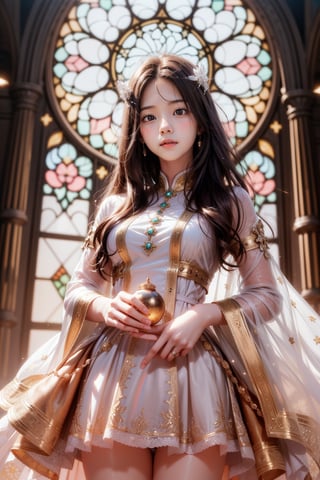 1girl, solo, (masterpiece), (absurdres:1.3), (ultra detailed), HDR, UHD, 16K, ray tracing, vibrant eyes, perfect face, award winning photo, beautiful, shiny skin, (highly detailed), clear face, teenage cute delicate girl, (shy blush:1.1), (high quality, high res, aesthetic:1.1), (dynamic action pose:1.3), ((Cowboy Shot: 1.5)), slightly smile, lens flare, photo quality, big dream eyes, ((perfect eyes, perfect fingers)), iridescent brown hair, vivid color, perfect lighting, perfect shadow, realistic, stunning light, (atmosphere :1.6), nice hands, insane details ,high details ,kawaii, (extra wide shot: 1.8), (Sharp focus realistic illustration:1.2), 1girl, most beautiful korean girl, Korean beauty model, stunningly beautiful girl, gorgeous girl, 18yo, over sized eyes, big eyes, smiling, looking at viewer, a giant glass sphere containing a small ecosystem, surrounded by measurement devices is installed in large-scale factory, a girl Priest stands next to the sphere, divine magic, sacred texts, ceremonial robes, incense, healing spells, blessing rituals, BREAK intricate illustrations, delicate linework, fine details, whimsical patterns, enchanting scenes, dreamy visuals, captivating storytelling, church and stain glass background, messy interior, book, elemental, feature,Alouette_La_Pucelle,emilia (re:zero),flower, ((pink gold style)),Add more details,masterpiece