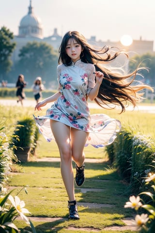 masutepiece, Best Quality, Ultra-detailed, finely detail, hight resolution, 8K Wallpaper, Perfect dynamic composition, Natural Color Lip,(Wearing a floral-patterned dress :1.3),(Longhair:1.3),drawn action: (the girl must be happily running around the field with a Shiba Inu,basking in the evening sun:1.4),I want to convey the happily atmosphere,(The wind blows her long hair:1.4), 1 girl, most beautiful korean girl, Korean beauty model, stunningly beautiful girl, gorgeous girl, 18yo, over sized eyes, big eyes, smiling, looking at viewer, (smile:1.3), full body shot, colorful_girl_v2