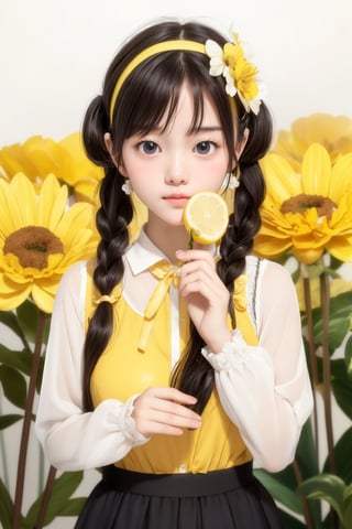 best quality, masterpiece, aesthetic, 1girl, artist name, bangs, black hair, blush, brown hair, cowboy shot, 
dated, flower, food, fruit, holding, leaf, lemon, lemon slice, long sleeves, looking at viewer, neck ribbon, 
plant, ribbon, short hair, signature, simple background, solo, upper body, white background, yellow flower, 
yellow ribbon, yellow shirt, yellow theme, skirt, shirt, twintails, hairband, puffy sleeves, black skirt, white flower, 
short twintails, puffy long sleeves, covered mouth, holding flower, ,Exquisite face,looking at viewer
