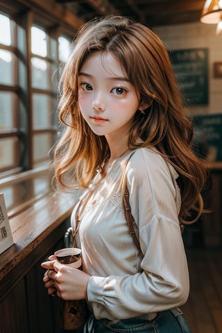 vibrant colors, female, masterpiece, sharp focus, best quality, depth of field, cinematic lighting, ((solo, one woman )), (illustration, 8k CG, extremely detailed), masterpiece, ultra-detailed, solo, ((Cowboy Shot: 1.5)), 1 girl, beautiful korean girl, looking at viewer, 18 yo, over sized eyes, big eyes, smiling, photo of a woman taken by i phone, soft smile, long straight blonde hair, thin nose, high cheek bones, depth of field, coffee shop background, highly detailed, detailed blue eyes,Detailedface